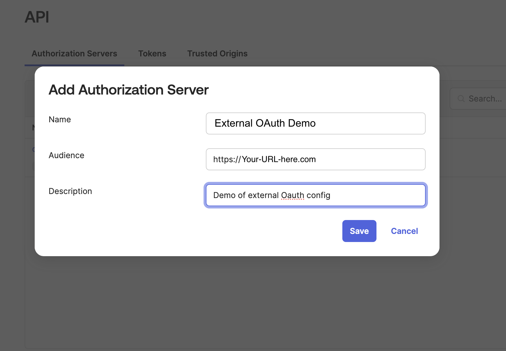 The Okta API window with the Audience value set.